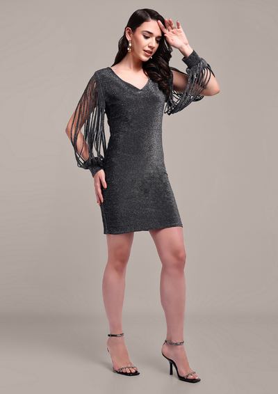 Grey V-Neck Bodycon Mini Dress With Cut-Out Sleeves