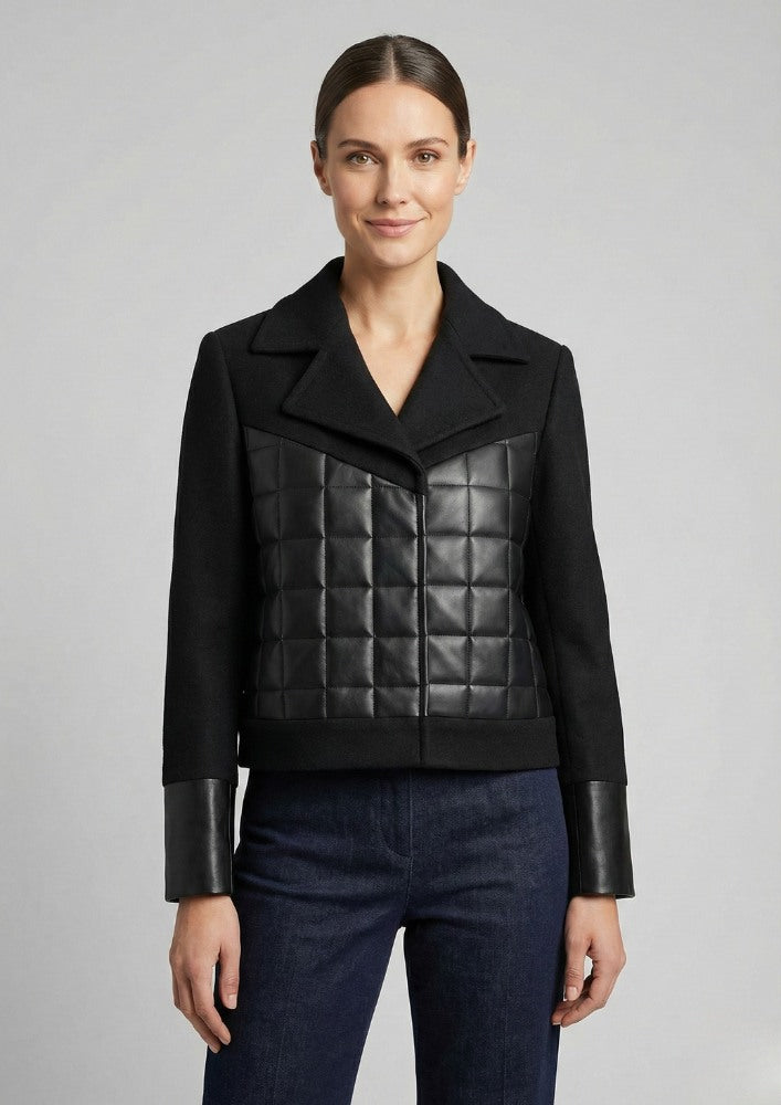 Black Woollen Short Jacket with Leather Quilting