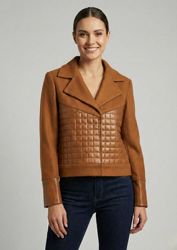 Brown Woollen Short Jacket With Leather Quilting