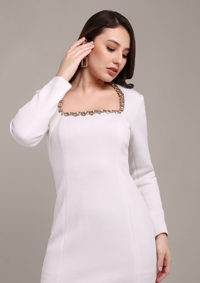 White Scuba Mini Dress with Embellishment