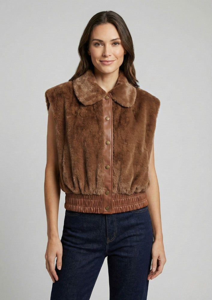 Brown Fur Sleeveless Jacket with Leather Detailing