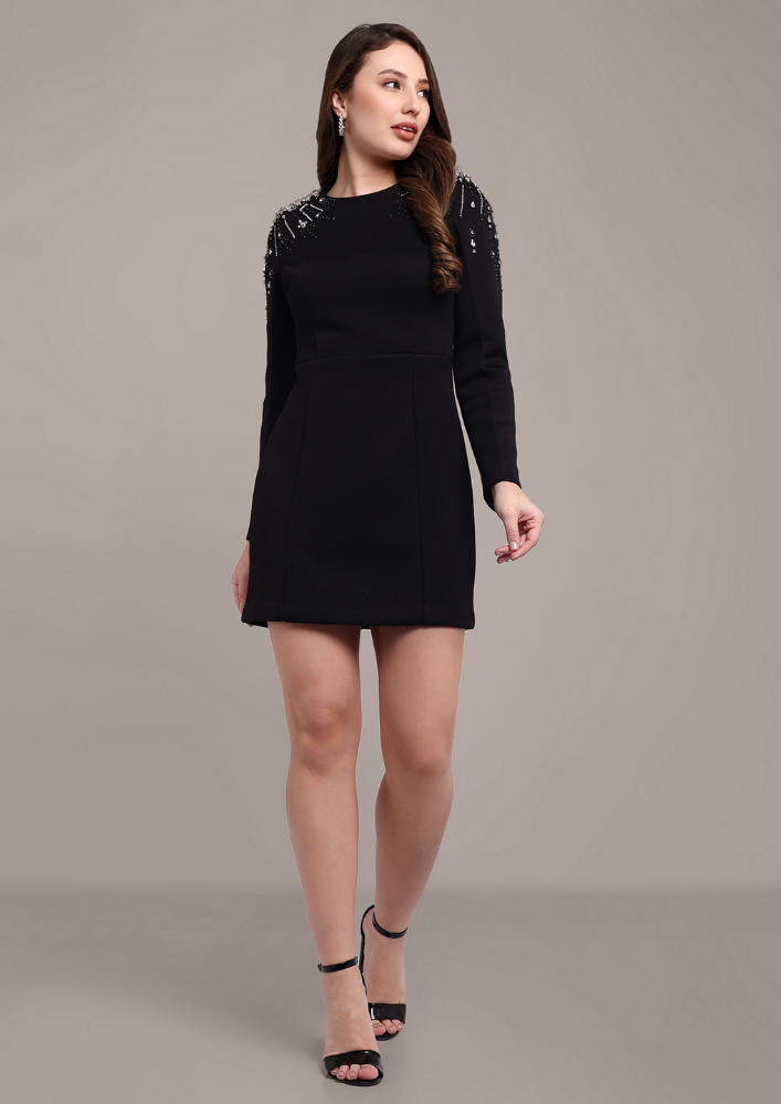 Black Scuba Mini Dress with Embellishment