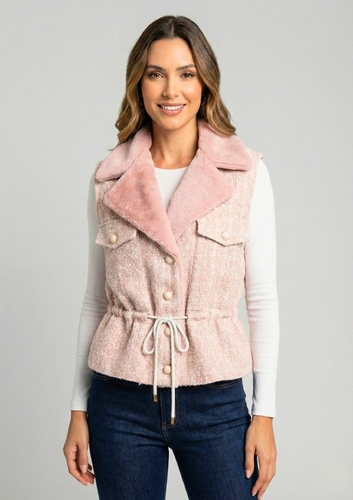 Peachish Pink Tweed Fur Collar Waist Tie-Up Jacket