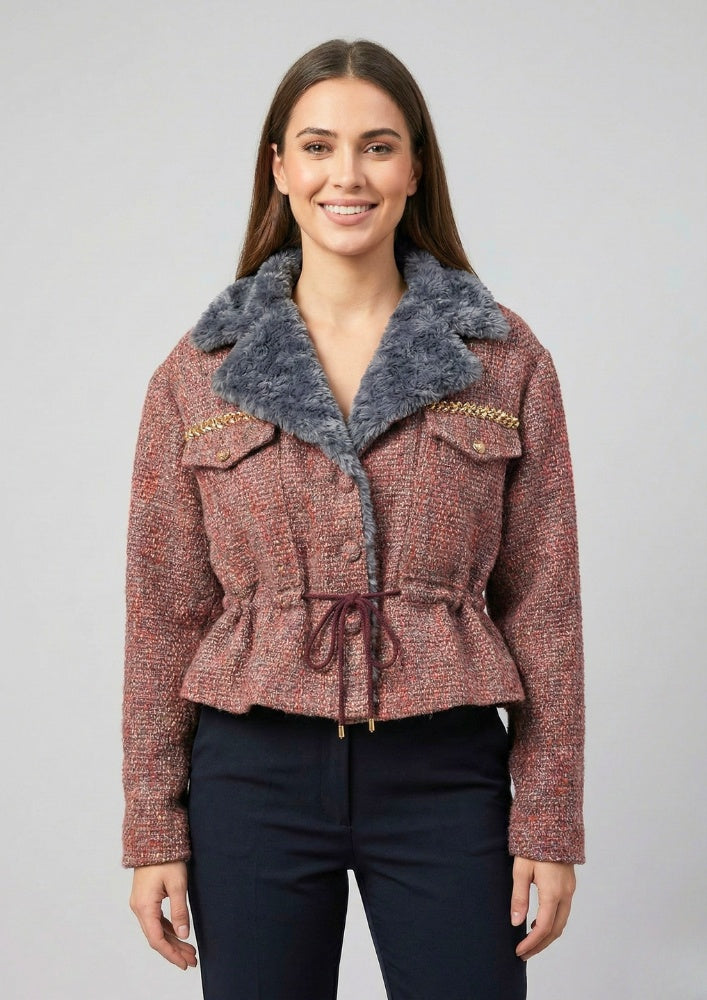 Grey Tweed Fur Collar Waist Tie-Up Jacket
