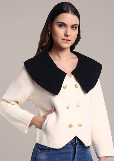 Off White And Black Woolen Cardigan