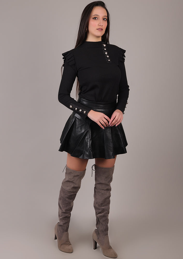 Black Leather Mini A-Line Skirt IKI CHIC Private Ltd.