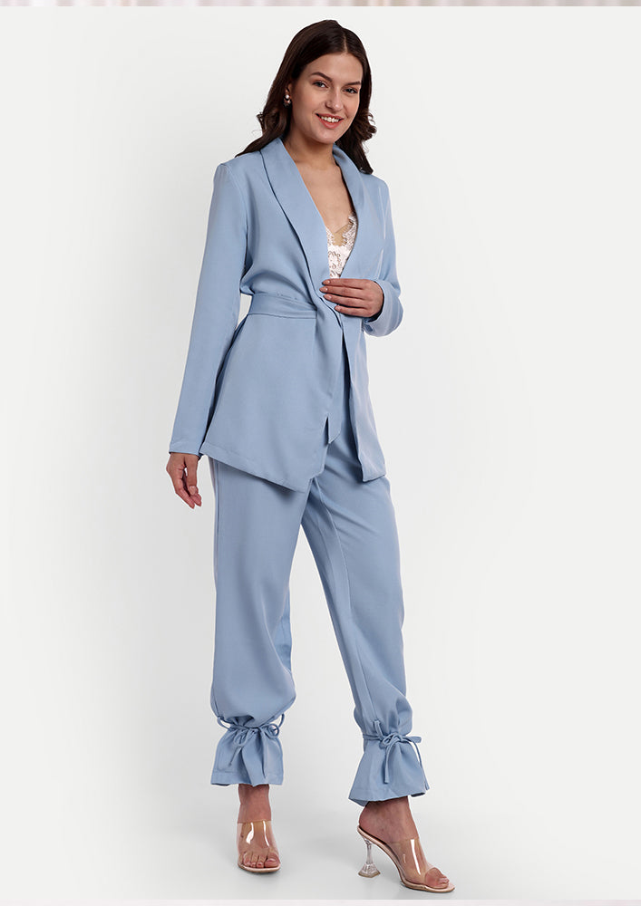 Blue Oversize Belted Blazer and Tie-up Pants Suit Set