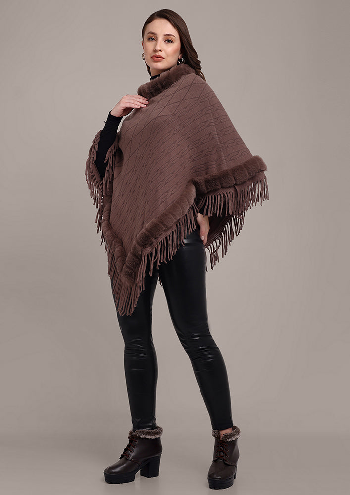 Brown Women's Poncho with Fringed Hem and Fur