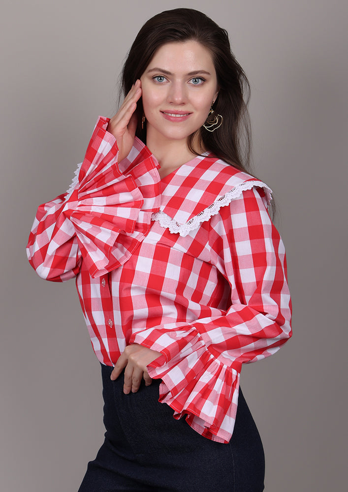 Red and White Check Shirt With Sailor Collar IKI CHIC Private Ltd.