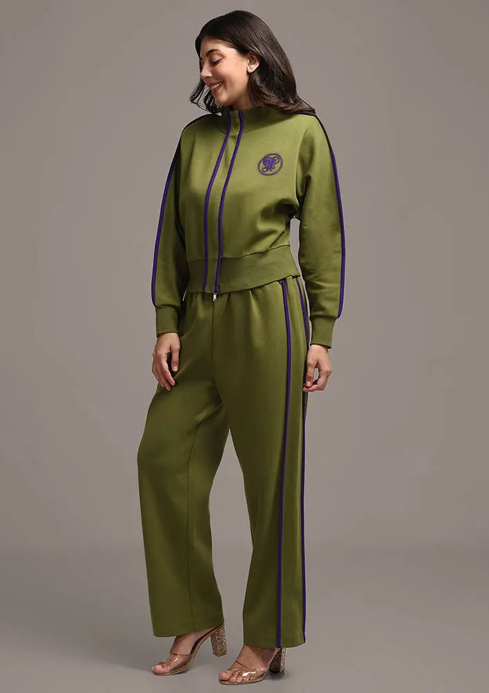 Olive Green Colorblock Jacket with Straight Leg Pants Set IKI CHIC Private Ltd