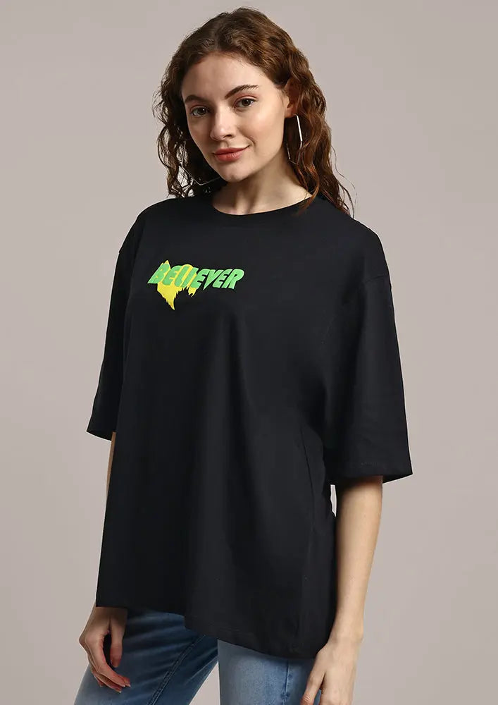 Believer Print Oversized Black Gen-Z Unisex T-shirt IKI CHIC Private Ltd