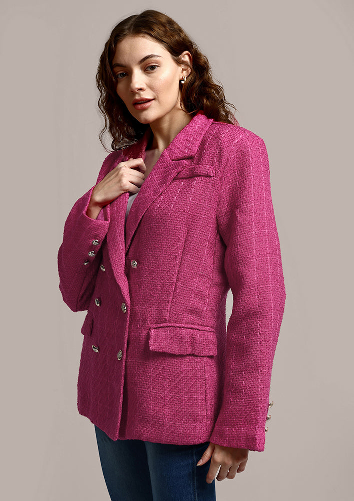 Pink Tweed Double-Breasted Oversized Blazer