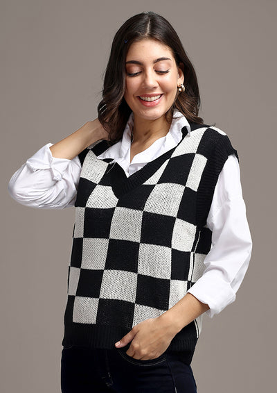 Checks Print Oversized Sleeveless V-Neck Knitted Vest