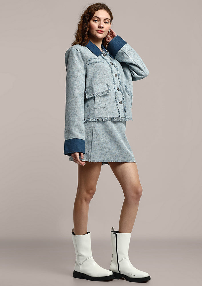 Tweed Short Jacket With A-Line Mini Skirt Set