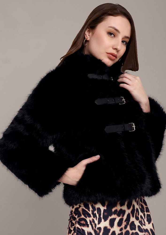 Black Fur Jacket with Front Buckle Straps IKI CHIC Private Ltd.