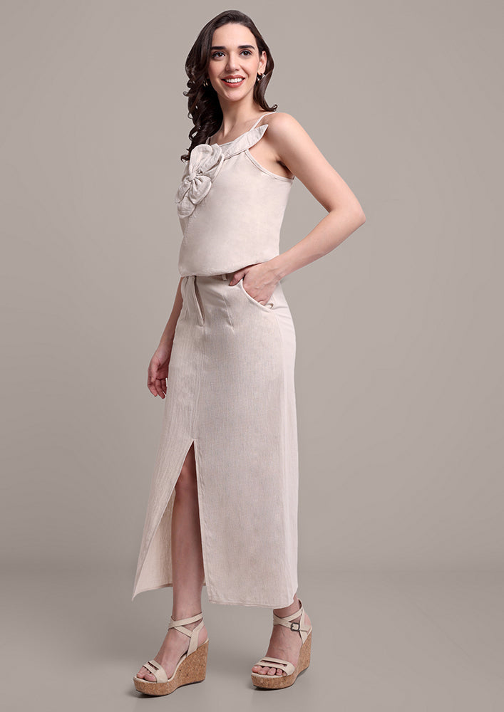 Beige Flower Strappy Top And Skirt Set IKI CHIC Private Ltd.