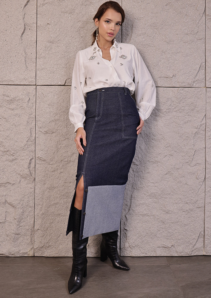 Denim Fold Hem Slit Skirt IKI CHIC Private Ltd.
