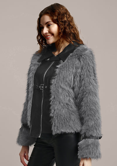Black Leather with Grey Luxe Fur Jacket