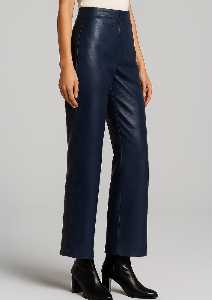 Navy Blue Straight Leather Pants