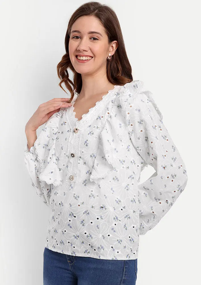 White Floral Printed Schiffli Blouse With V-Neckline With Ruffle Detailing IKI CHIC Private Ltd