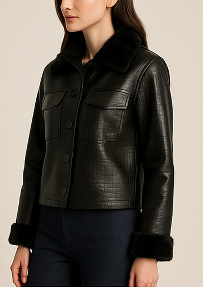Black Crocodile Leather Jacket With Fur Collars And Detachable Cuffs