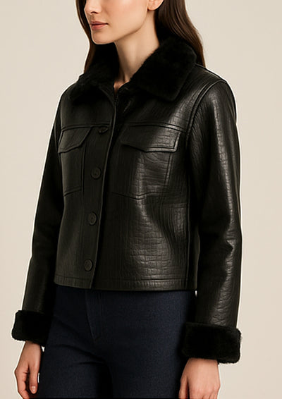 Black Crocodile Leather Jacket With Fur Collars And Detachable Cuffs