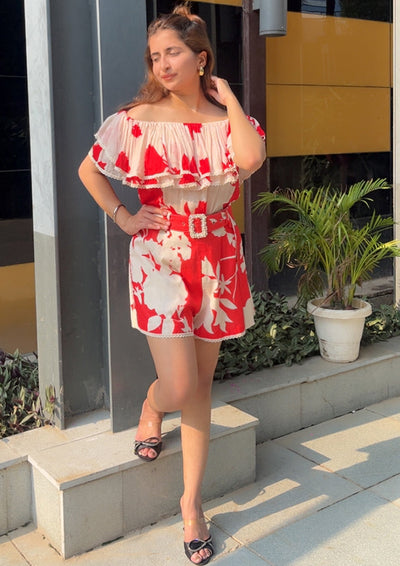 Red & Beige, printed off-shoulder short Set IKI CHIC Private Ltd.