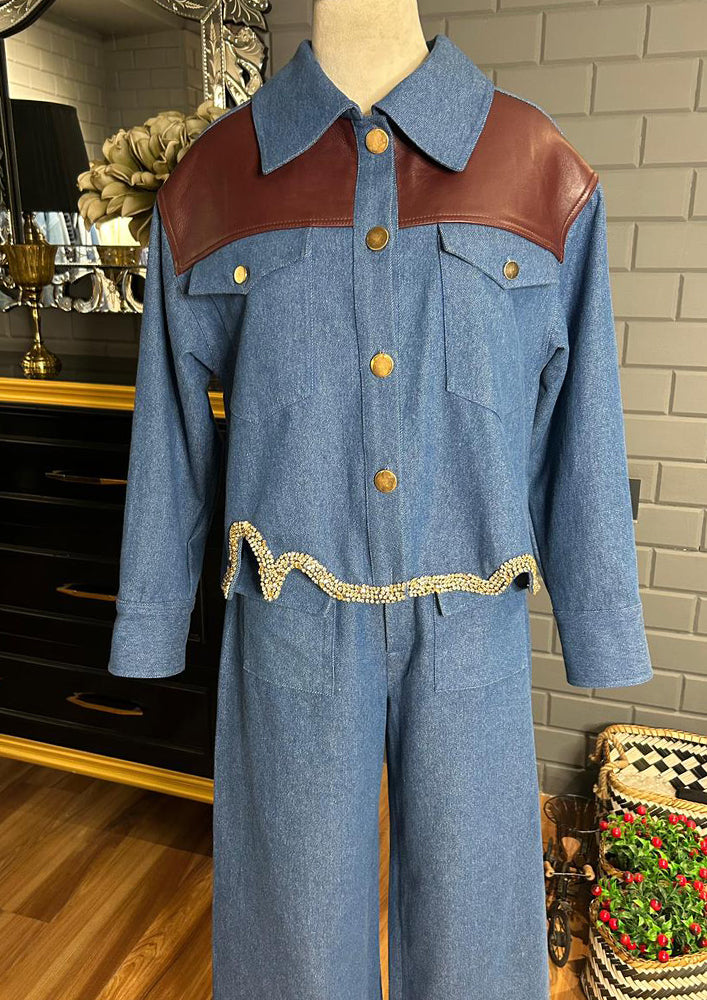 Denim & Leather Fusion Jacket with Gold Stone Detailing