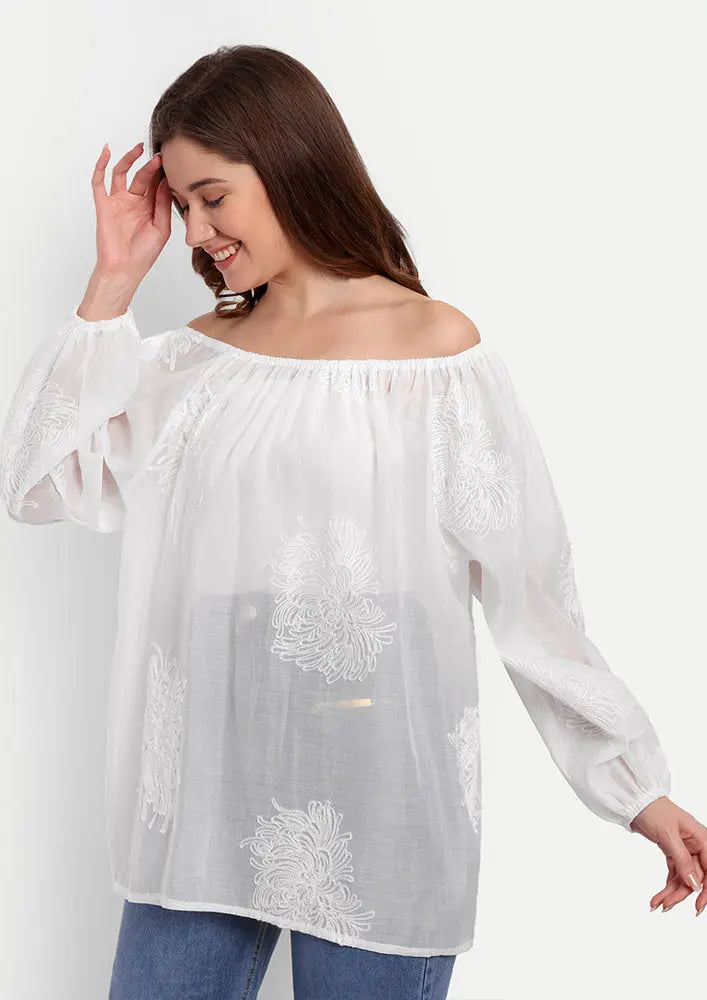 White Embroidered Blouse With Long Puff Sleeves IKI CHIC Private Ltd