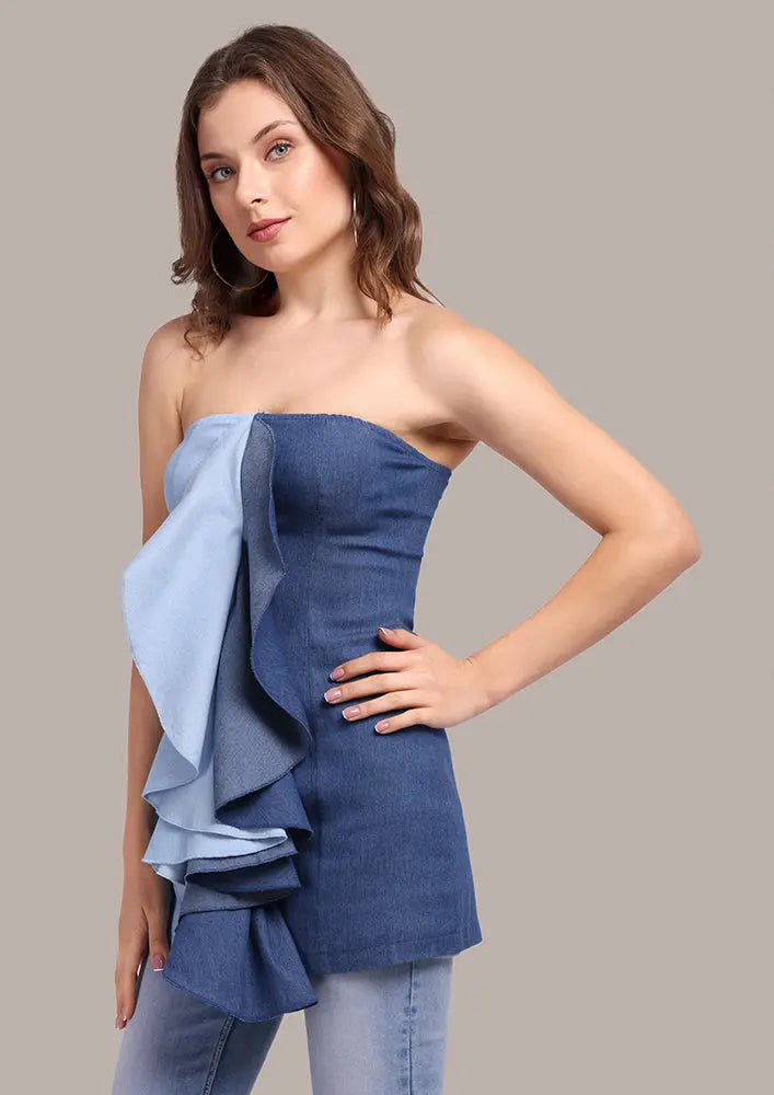 Blue Color-blocked Ruffled Tube Top IKI CHIC Private Ltd