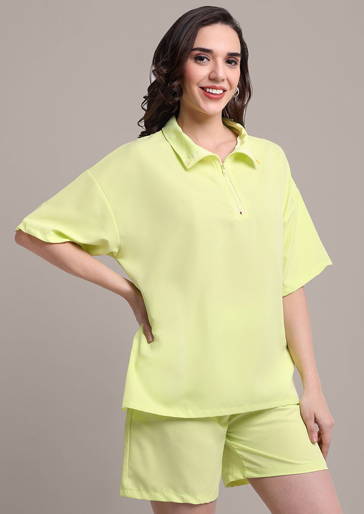 Fluorescent Green Solid T-Shirt with Shorts Set IKI CHIC Private Ltd.
