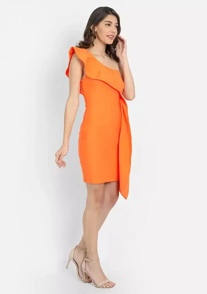 Orange Ruffle Design One-Shoulder Bodycon Mini Dress IKI CHIC Private Ltd.