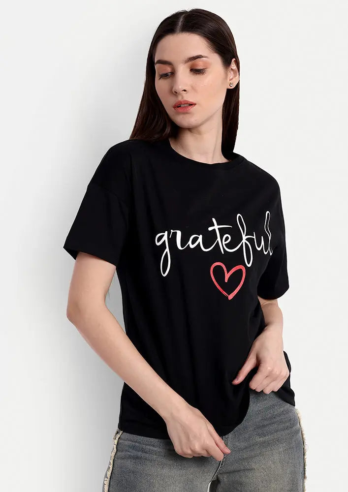 Black Grateful Print Short Sleeve T-Shirt IKI CHIC Private Ltd