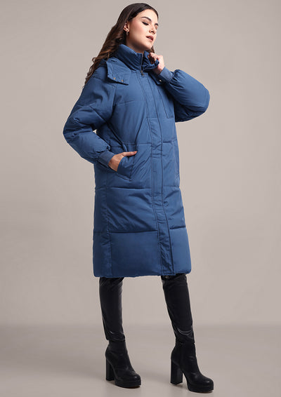 Blue Long Puffer Hooded Jacket