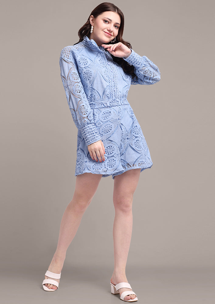 Blue Lace Detail Shirts And Shorts Set