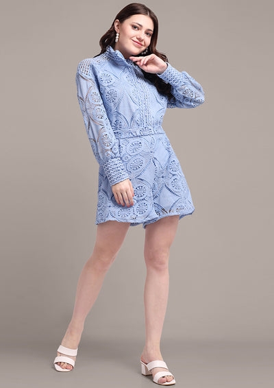 Blue Lace Detail Shirts And Shorts Set