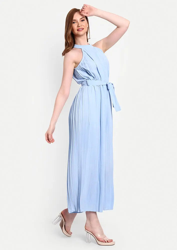 Blue Halter Neck Pleated Wide Leg Jumpsuit IKI CHIC Private Ltd