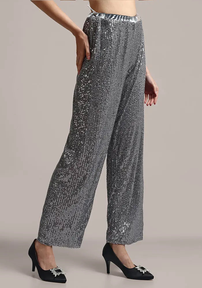 Silver Grey Sequin Wide Leg Pants IKI CHIC