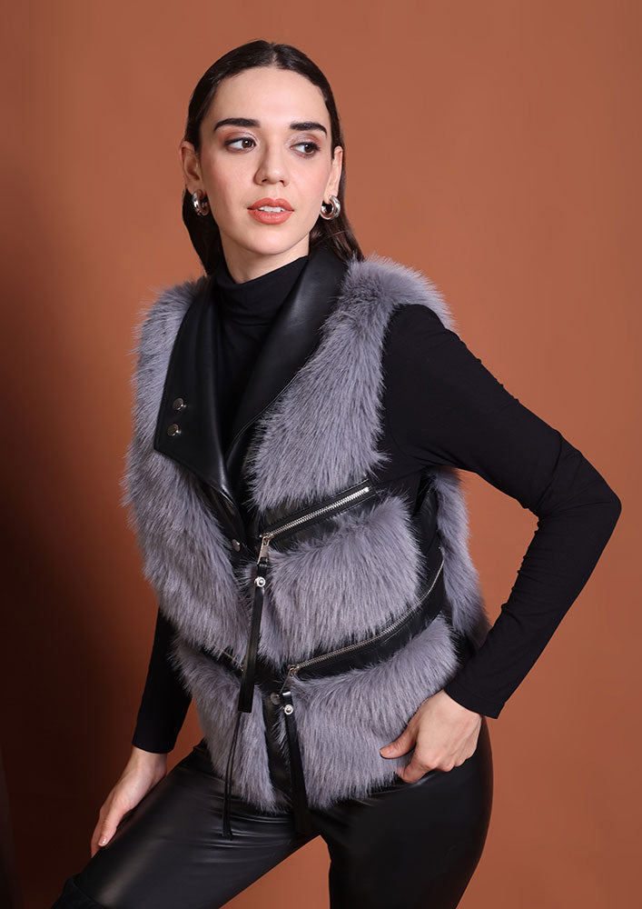Grey Faux Fur Statement Vest with PU Lapel