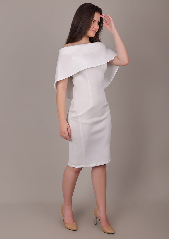 White Off-Shoulder Scuba Midi Dress