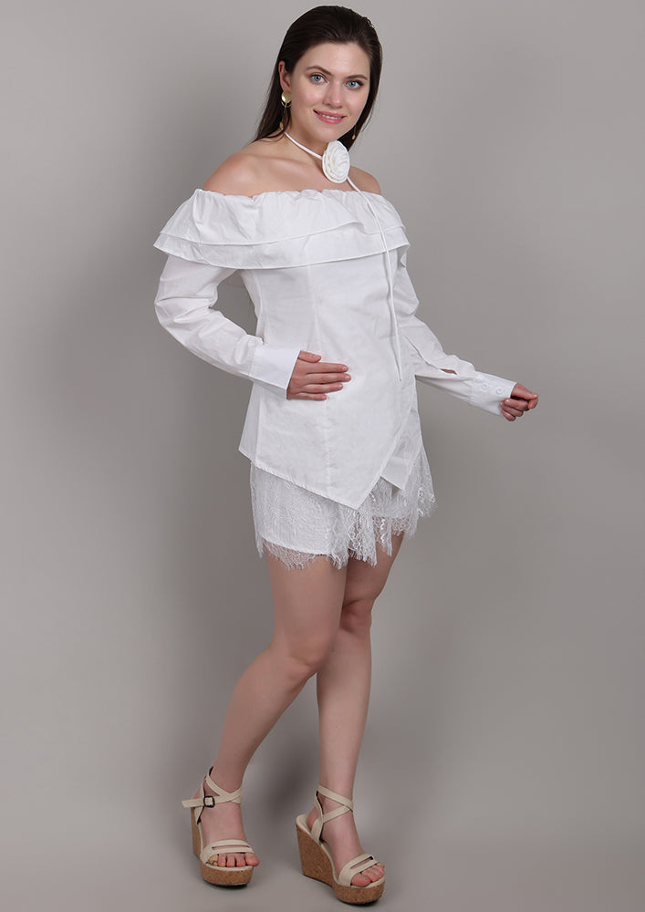 White Off-Shoulder Set with Front Ruffles & Rose Neck Accessory IKI CHIC Private Ltd.