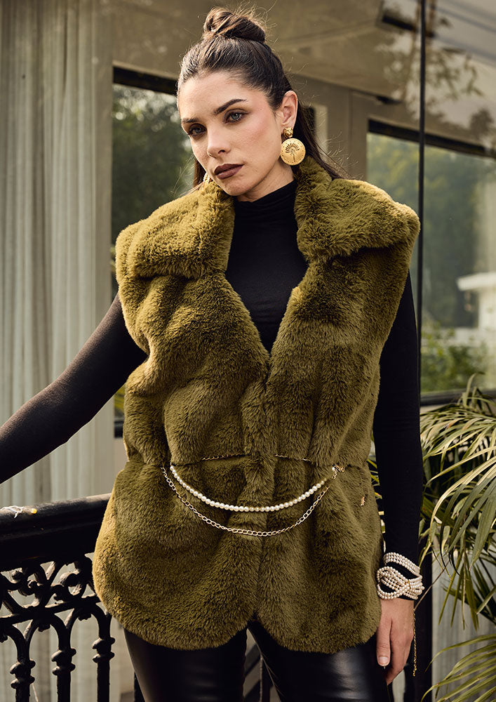 Olive Green Fur Jacket With Statement Belt