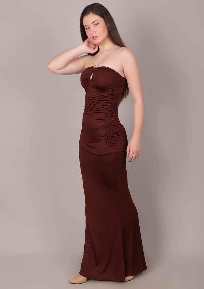 Brown Tube Ruched Long Dress