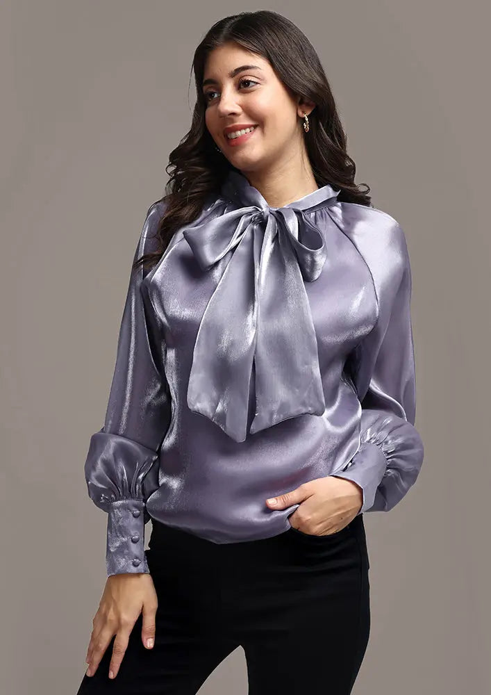 Satin Cuffed Sleeve Neck Tie-up Top IKI CHIC Private Ltd
