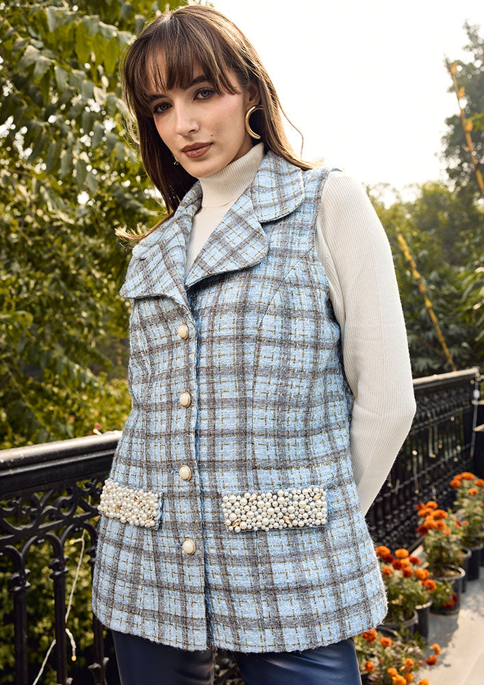 Light Blue Check Tweed Lapel Collar Vest With Pearl Cluster On Flaps