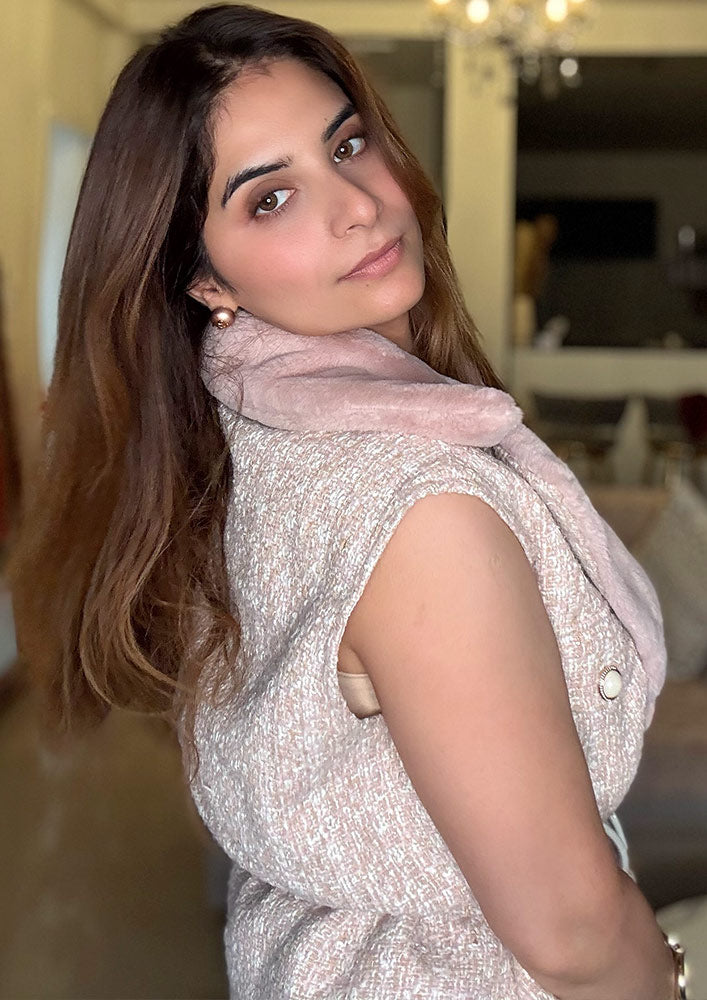 Peachish Pink Tweed Fur Collar Waist Tie-Up Jacket