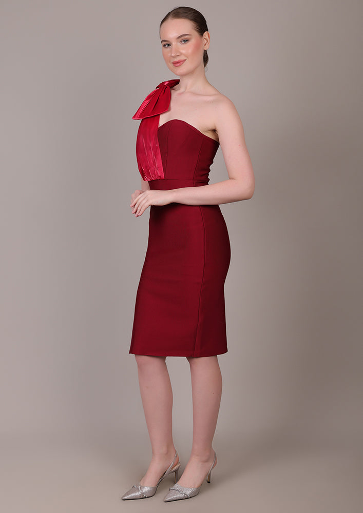 Red One-Shoulder Bodycon Midi Dress - IKI CHIC