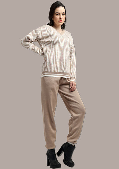 Beige & White Top And  Joggers Two- Piece Knitted Set