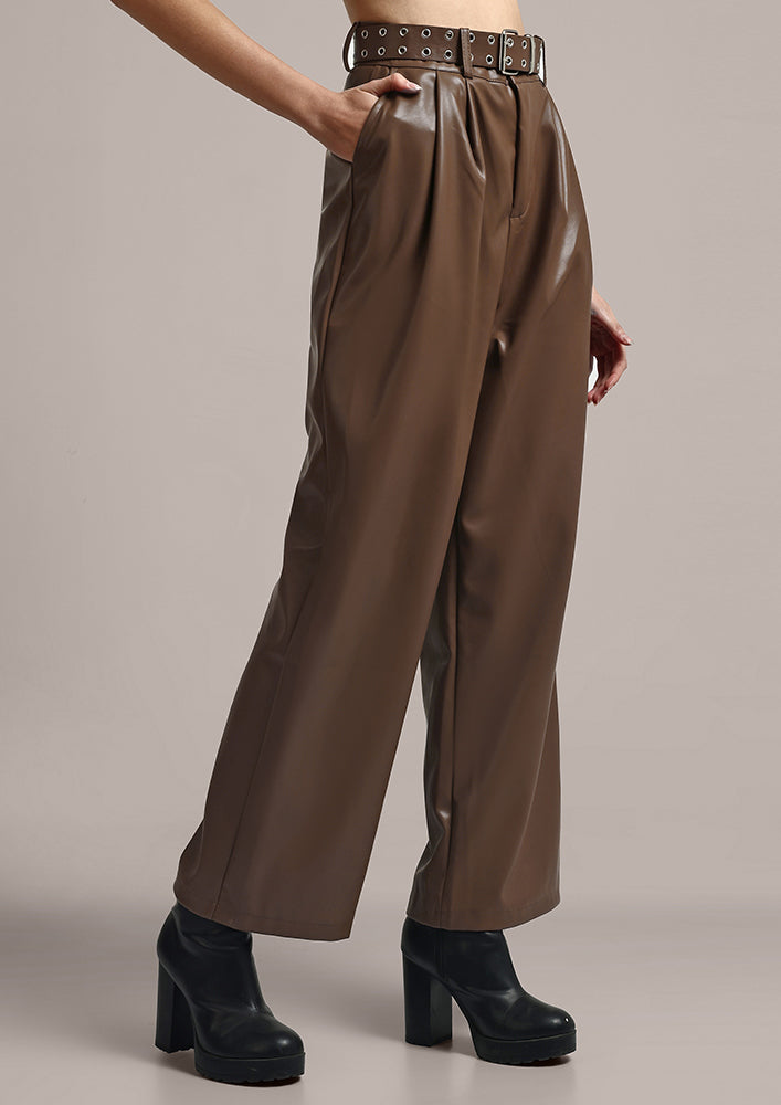 Brown Faux Leather High Waist Wide Leg Trousers