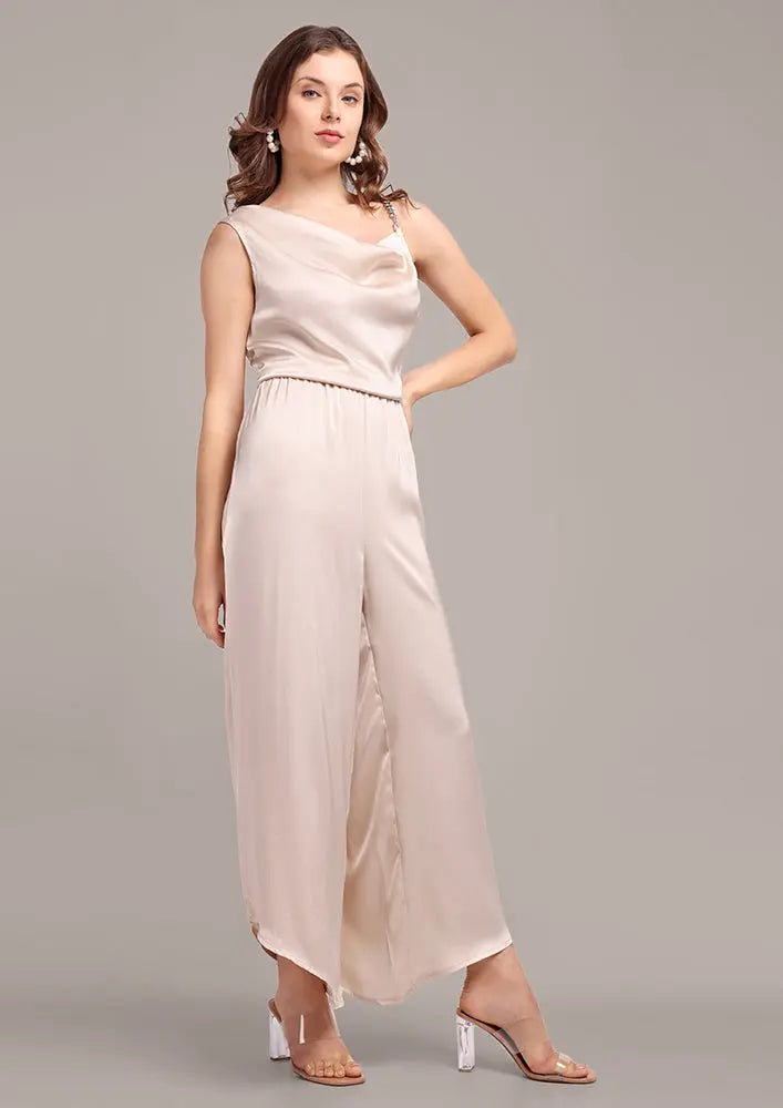 Beige Cowl Neck wide Leg Jumpsuit IKI CHIC Private Ltd